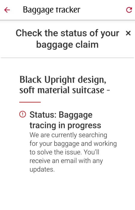 每天早晚查看行李進度，螢幕都是顯示「行李仍在尋找中」。