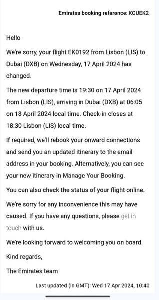 4/17早上收到阿聯酋的來信，對方告知最新的航班資訊及關櫃時間，且必要的話，將協助重訂轉接班機。