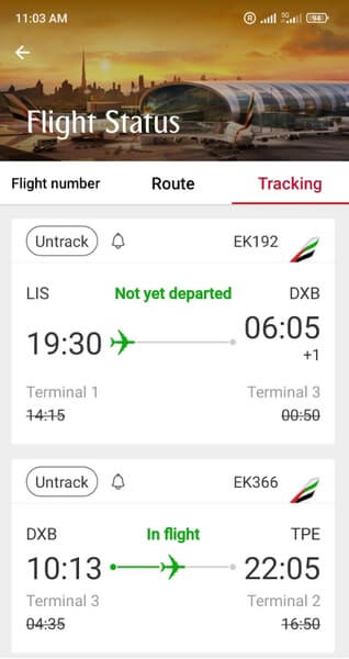 使用APP追蹤最新航班資訊，發現出入境杜拜的班機皆有延誤的狀況，下面是4/17杜拜飛桃園的班機，延誤近6小時。