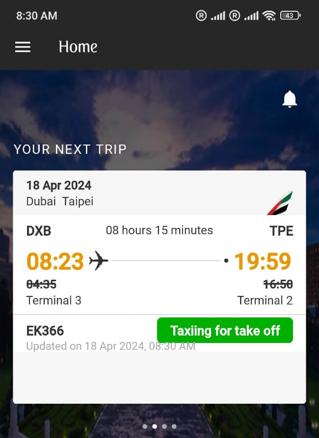 抵達杜拜第三航廈，發現班機已準備起飛。